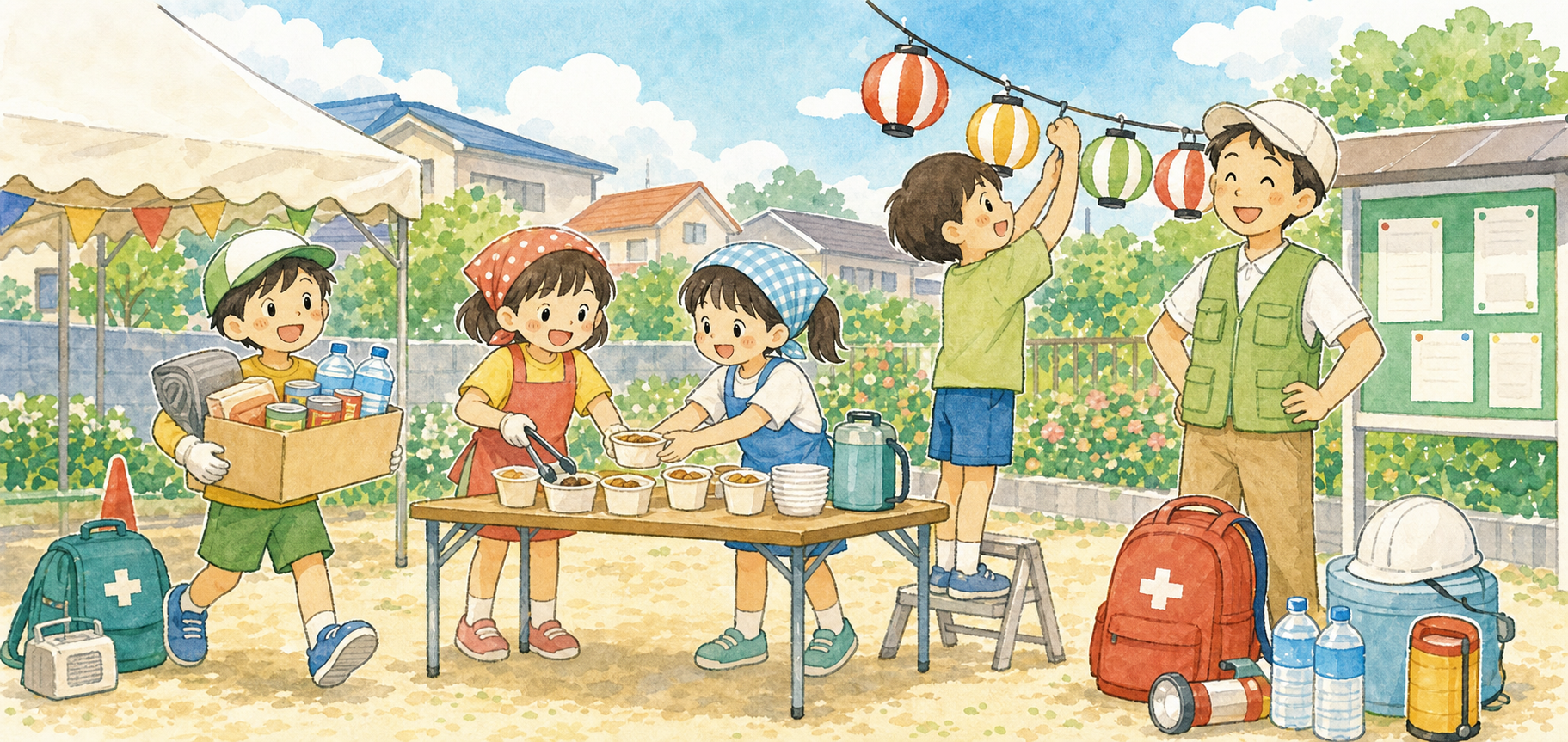 地域のお祭りや防災活動を手伝う子どもたちのイラスト
